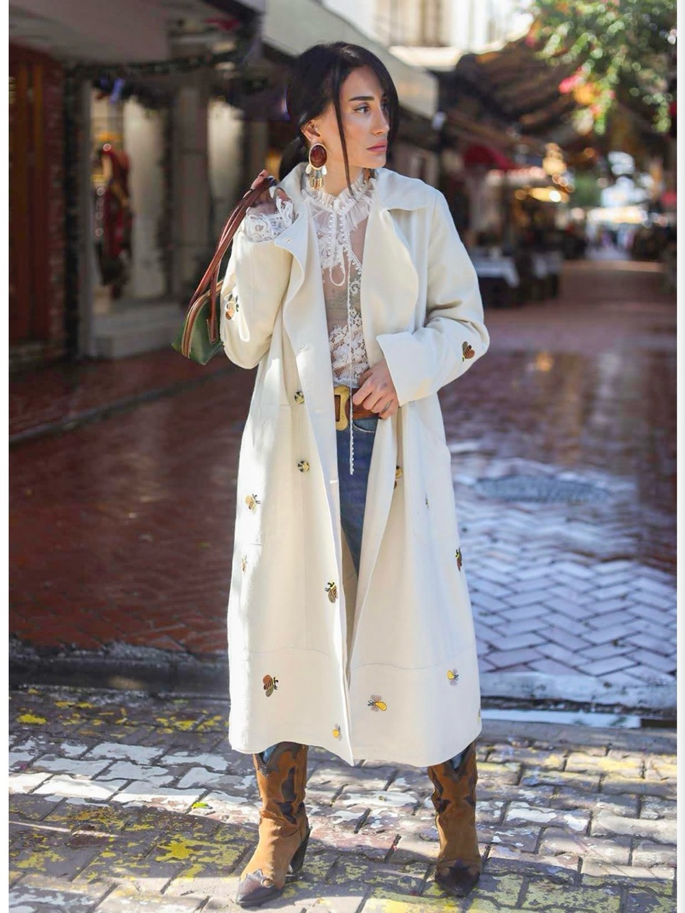 Maeve Cream Embroidered Long Trench Coat